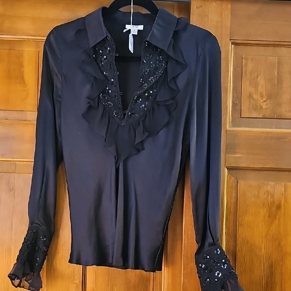 Cache Black Ruffled Blouse with Beaded Accents - Picture 1 of 5